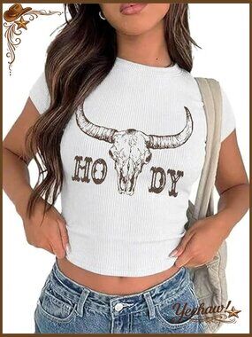 Vintage Cow Skull Graphic Tee, Classic Fit, Cotton Blend, Concert Top
